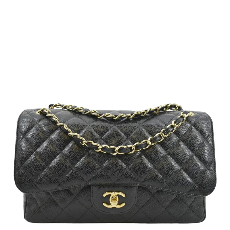 CHANEL Classic Jumbo Double Flap Quilted Caviar Leather Shoulder Bag Black