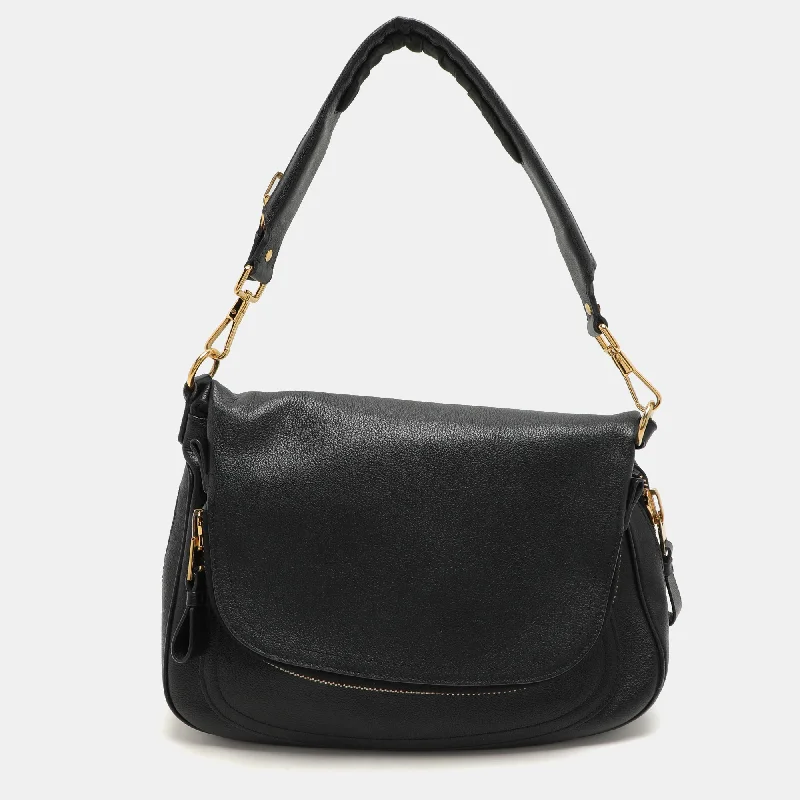 Shoulder bags with monogram designs for personalization -Tom Ford Black Leather Jennifer Shoulder Bag