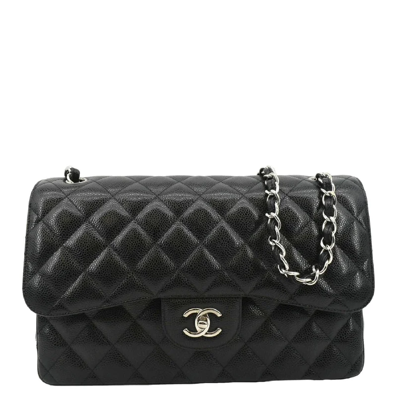 CHANEL Classic Jumbo Double Flap Quilted Caviar Leather Shoulder Bag Black