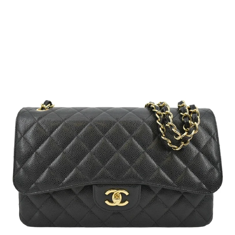 CHANEL Classic Medium Double Flap Quilted Caviar Leather Crossbody Bag Black