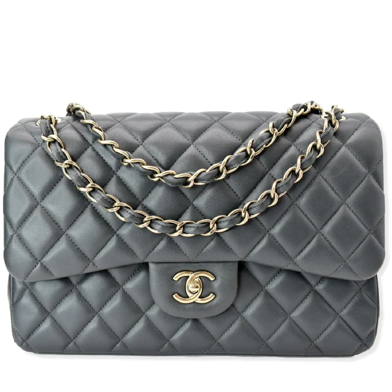 CHANEL Classic Jumbo Double Flap Lambskin Leather Shoulder Bag Dark Gray