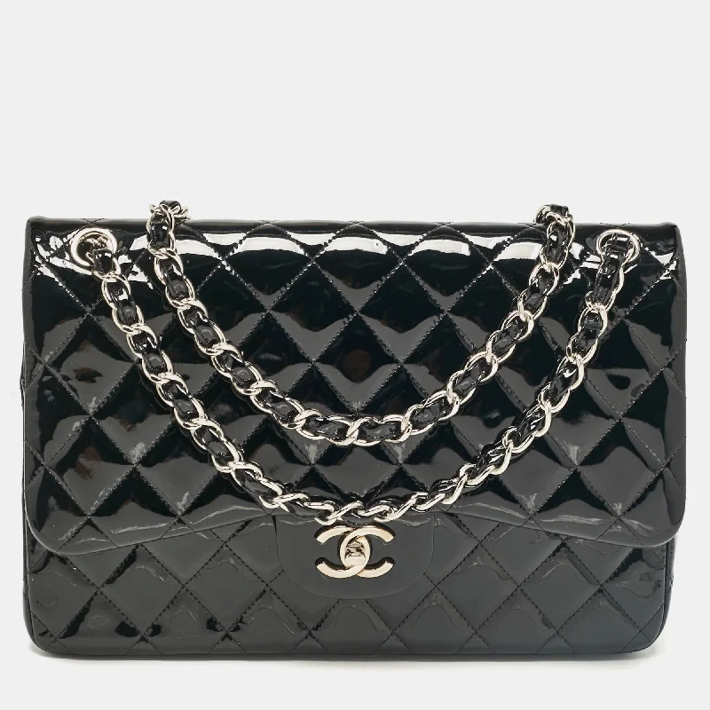 Shoulder bags with drawstring tops for style -Chanel Black Quilted Patent Leather Jumbo Classic Double Flap Bag