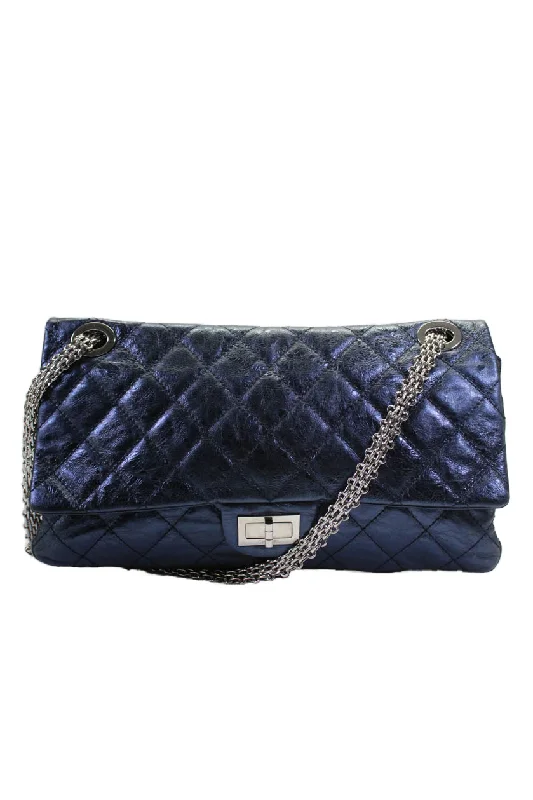 Shoulder bags with lightweight fabric for ease -Chanel Womens Metallic Quilted Leather Reissue 226 Double Flap Bag Handbag Blue