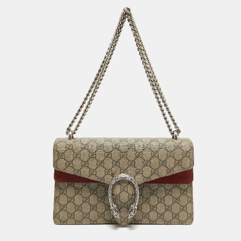 Shoulder bags with subtle embroidery for detail -Gucci Beige/red Gg Supreme Canvas And Suede Small Dionysus Shoulder Bag