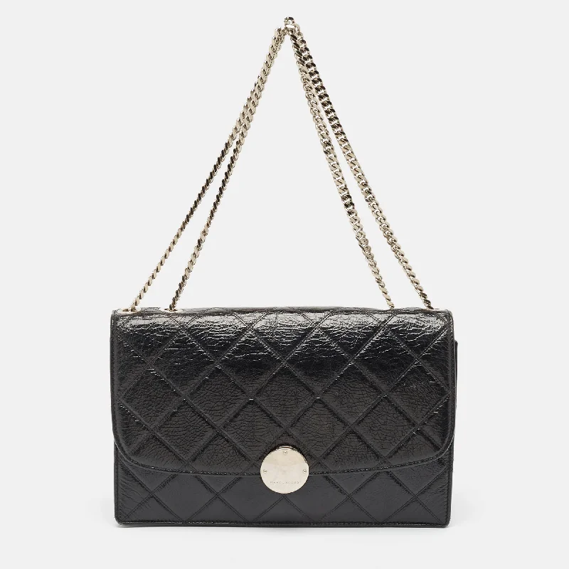 Shoulder bags with thick straps for durability -Marc Jacobs Black Glossy Quilted Leather Trouble Flap Shoulder Bag