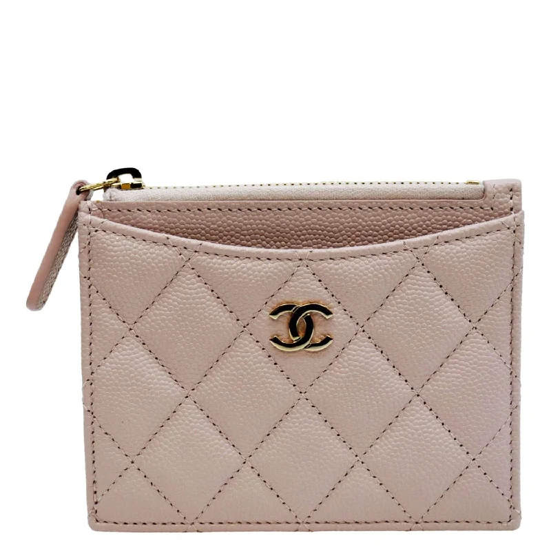 CHANEL Quilted Caviar Leather Top Zip Card Holder Light Pink