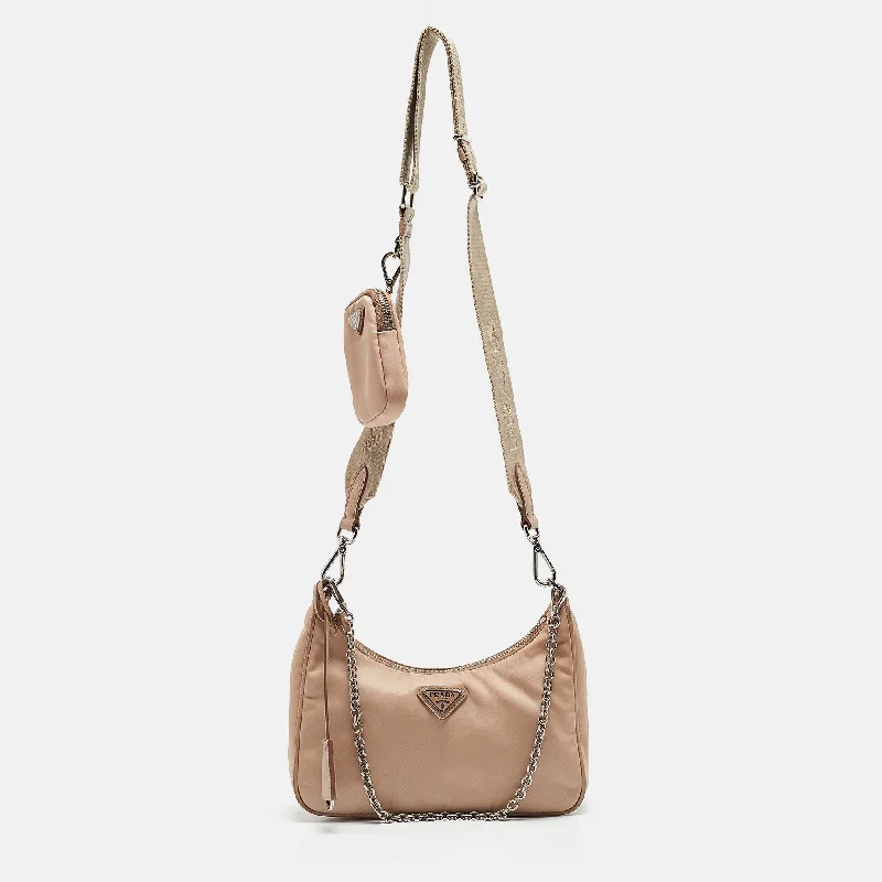 Shoulder bags with neutral tones for versatility -Prada Beige Nylon Re-Edition 2005 Baguette Bag