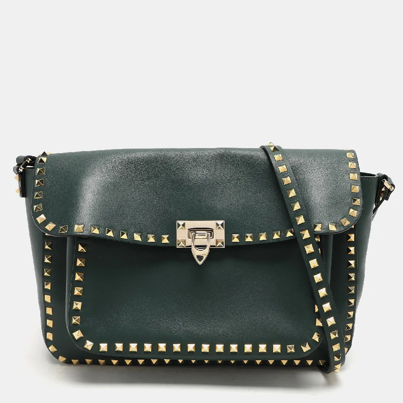 Shoulder bags with inner compartments for essentials -Valentino Green Leather Rockstud Flap Shoulder Bag