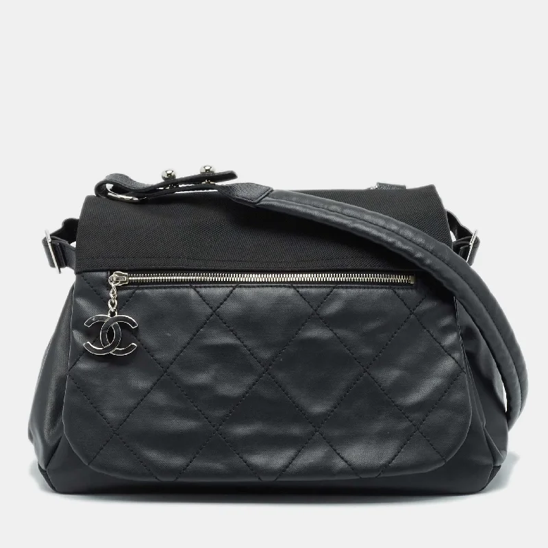 Shoulder bags with drawstring tops for style -Chanel Black Quilted Coated Canvas Paris Biarritz Messenger Flap Bag