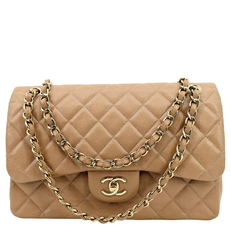 CHANEL Classic Jumbo Double Flap Quilted Caviar Leather Shoulder Bag Beige