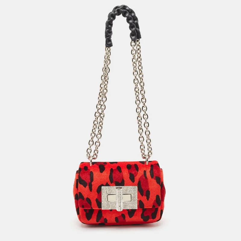 Foldable shoulder bags for easy travel storage -Tom Ford Red/black Leopard Print Fabric Natalia Chain Shoulder Bag