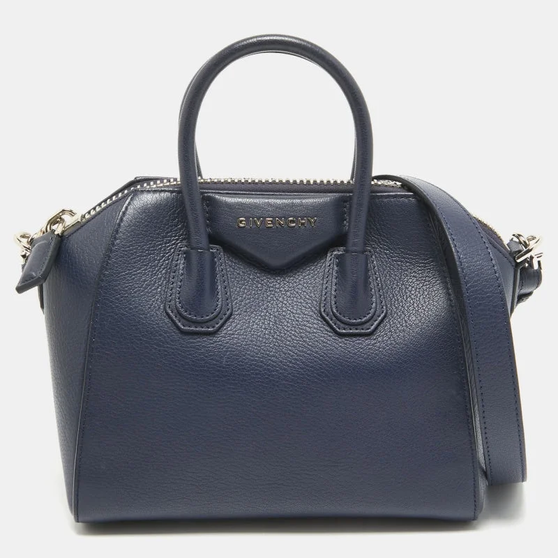 Shoulder bags with denim fabric for casual -Givenchy Navy Blue Leather Mini Antigona Satchel