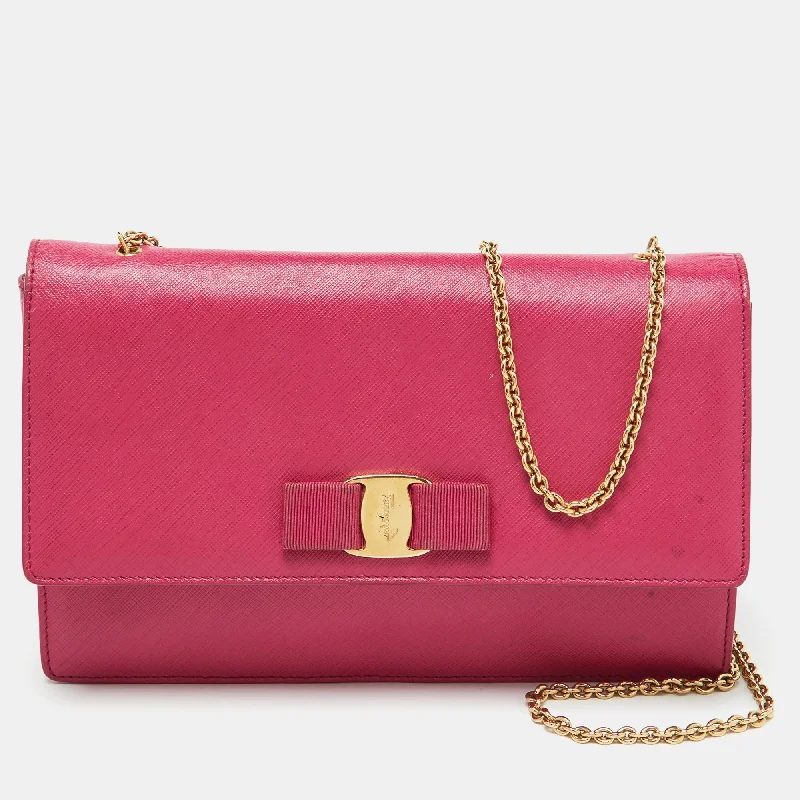 Shoulder bags with lightweight nylon for ease -Salvatore Ferragamo Pink Saffiano Leather Vara Bow Chain Shoulder Bag