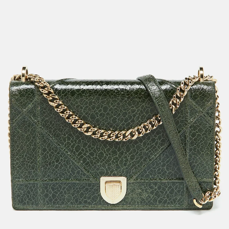 Durable shoulder bags for heavy daily use -Dior Green Crackle Leather Large Diorama Flap Shoulder Bag