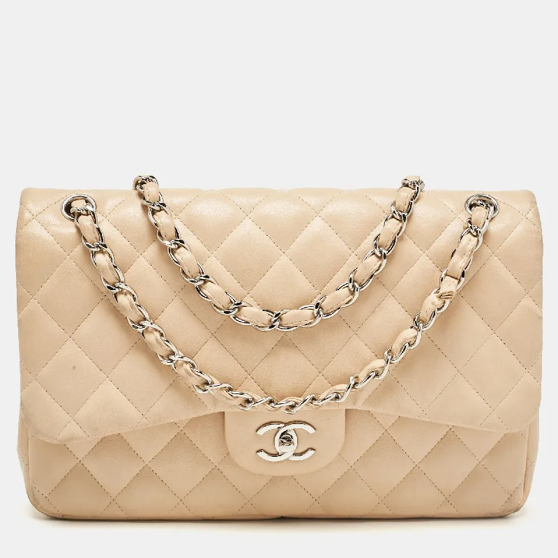 Shoulder bags with inner compartments for essentials -Chanel Beige Quilted Leather Jumbo Classic Double Flap Bag