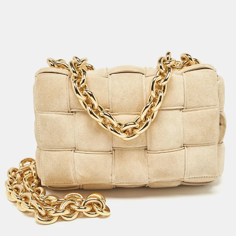 Shoulder bags with vintage vibes for nostalgia -Bottega Veneta Beige Suede Padded Cassette Shoulder Bag