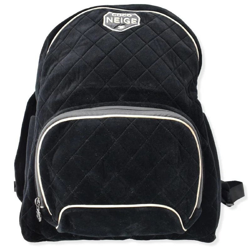 CHANEL Coco Neige Front Pocket Quilted Velvet Backpack Bag Black