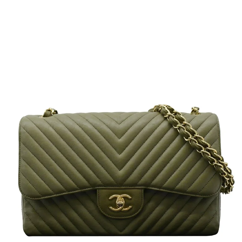 CHANEL Classic Jumbo Flap Chevron Leather Crossbody Bag Olive