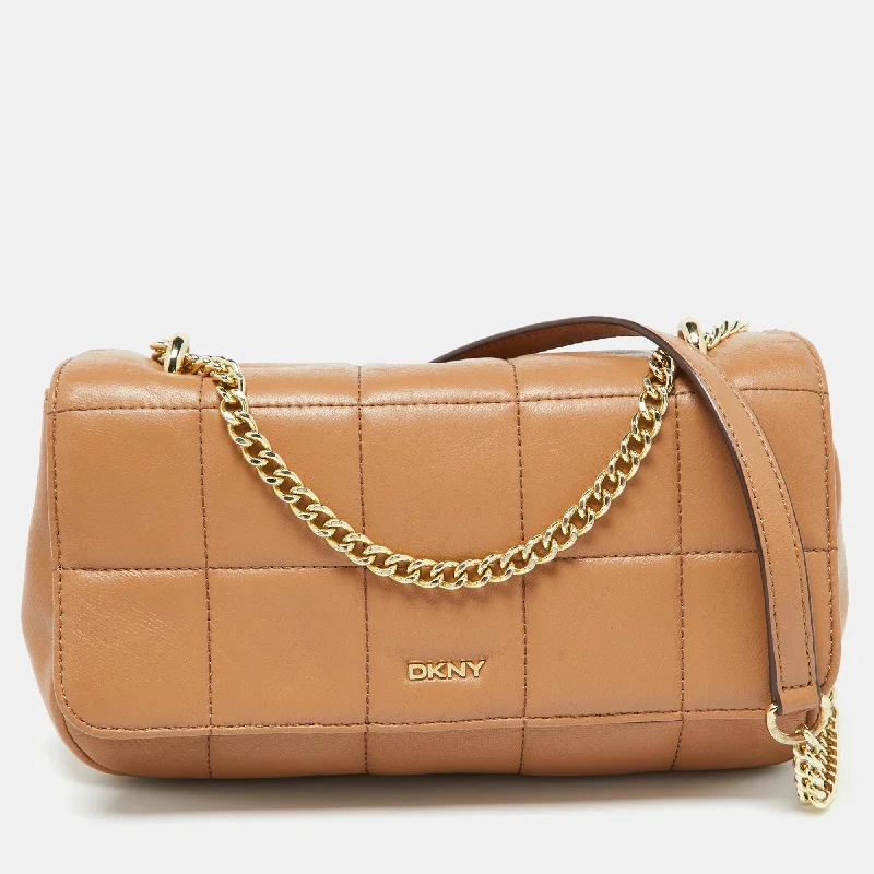 Shoulder bags with leather accents for elegance -Dkny Beige Quilted Leather Flap Shoulder Bag