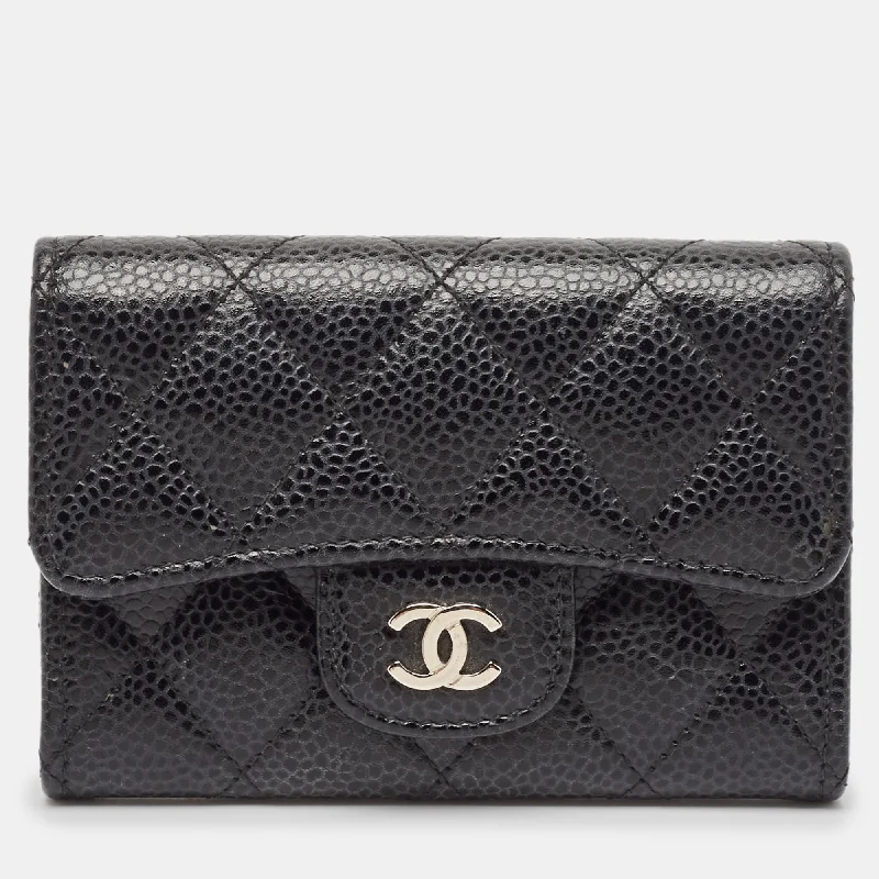 Shoulder bags with metallic finishes for shine -Chanel Black Caviar Leather Cc Flap Card Case