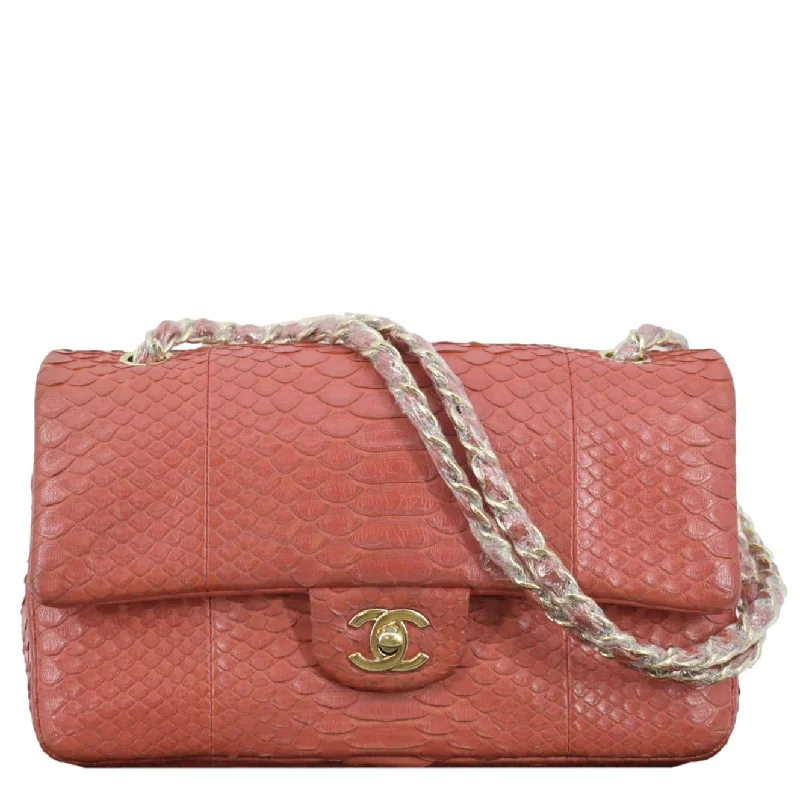 CHANEL Classic Medium Double Flap Python Leather Shoulder Bag Red