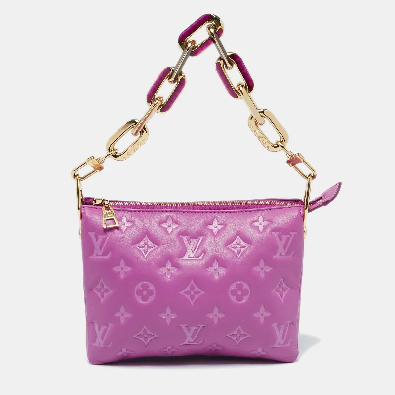 Shoulder bags with chevron designs for trend -Louis Vuitton Orchid Monogram Embossed Puffy Leather Coussin Bb Bag