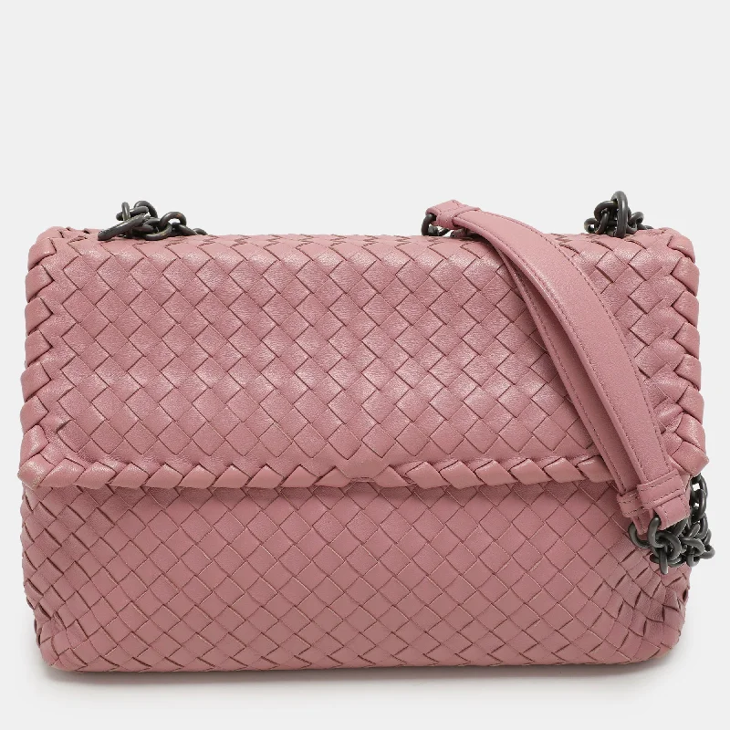 Leather shoulder bags for stylish everyday carry -Bottega Veneta Pink Intrecciato Leather Medium Olimpia Flap Shoulder Bag