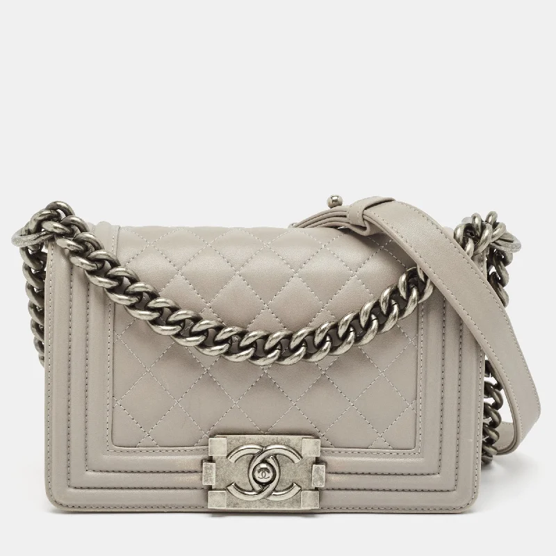 Shoulder bags with wide openings for access -Chanel Grey Quilted Leather Small Boy Flap Bag