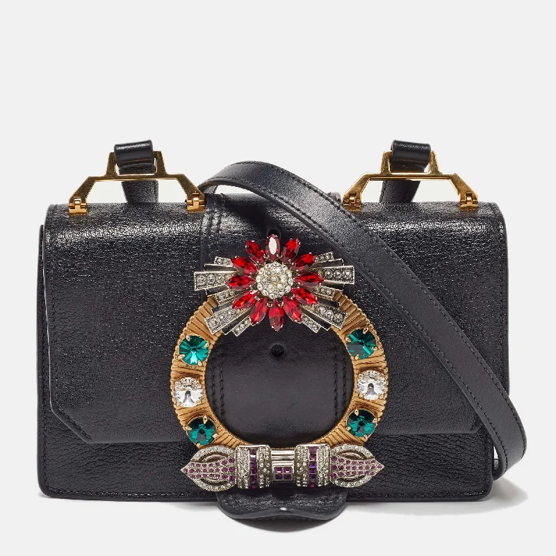 Shoulder bags with sturdy bases for support -Miu Miu Black Madras Leather Crystal Embellished Buckle Flap Shoulder Bag