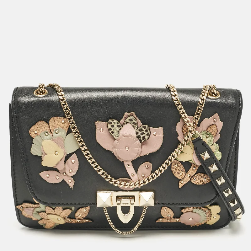 Shoulder bags with monogram designs for personalization -Valentino Black Leather Floral Demilune Shoulder Bag