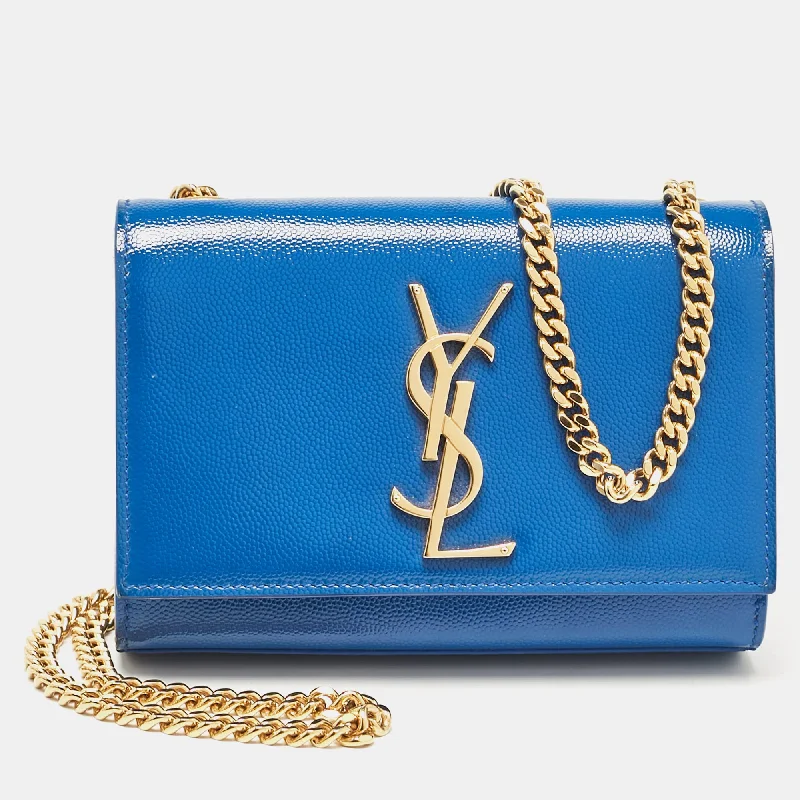 Shoulder bags with durable hemp for sustainability -Saint Laurent Blue Patent Leather Small Kate Chain Shoulder Bag