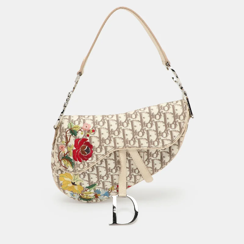 Shoulder bags with sleek zippers for closure -Dior Beige/white Oblique Canvas And Leather Floral Embroidered Saddle Shoulder Bag