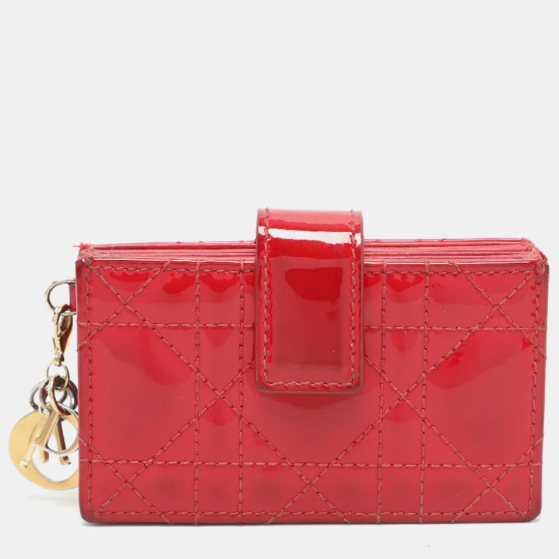 Shoulder bags with modern logos for branding -Dior Red Cannage Patent Leather Lady Dior Gusset Card Case