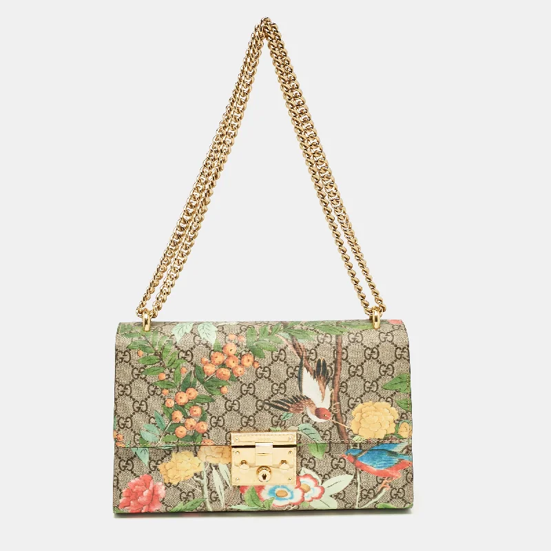 Shoulder bags with seasonal prints for holidays -Gucci Multicolor Gg Tian Supreme Canvas Leather Medium Padlock Shoulder Bag