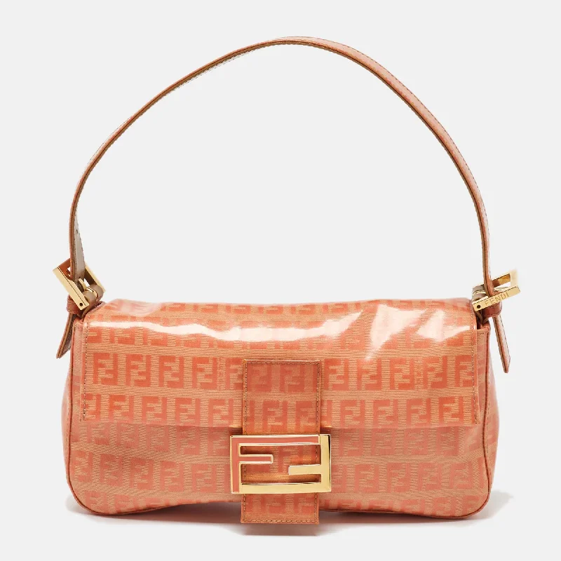 Shoulder bags with geometric patterns for modernity -Fendi Orange Zucchino Coated Canvas And Leather Baguette Bag