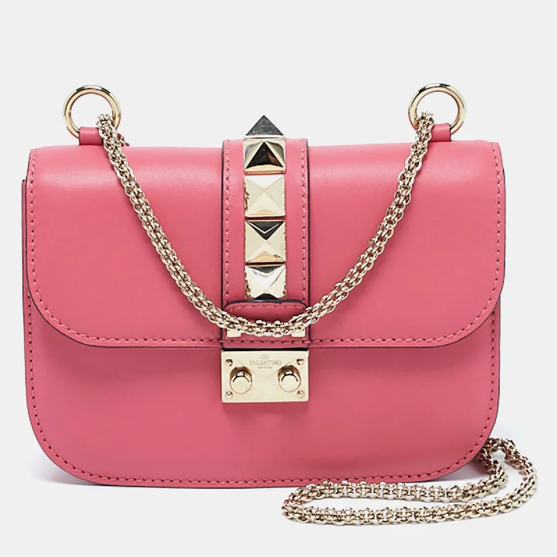 Shoulder bags with sleek zippers for closure -Valentino Pink Leather Small Rockstud Glam Lock Flap Bag