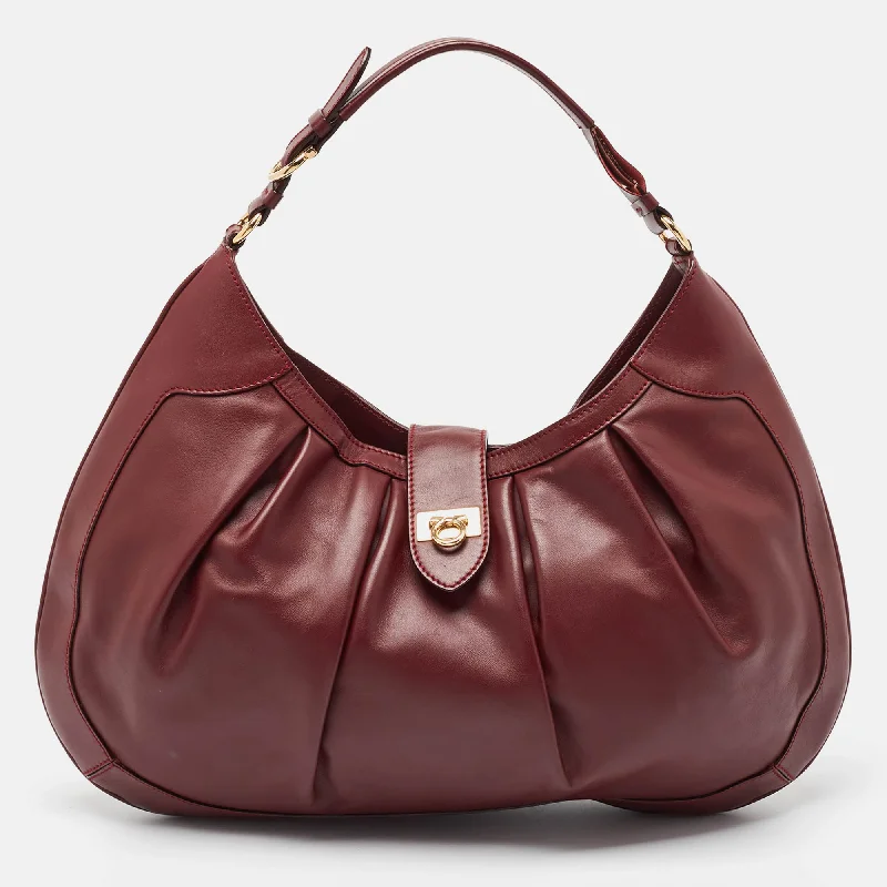 Shoulder bags with vibrant colors for boldness -Salvatore Ferragamo Burgundy Pleated Leather Gancini Flap Hobo