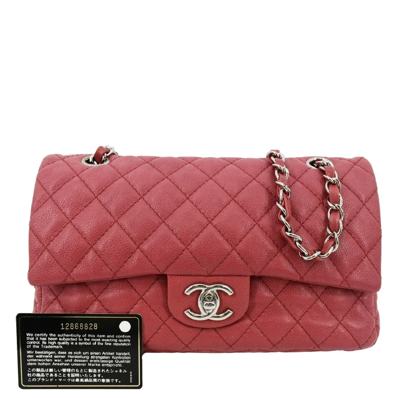 CHANEL Classic Medium Double Flap Quilted Caviar Leather Shoulder Bag Red