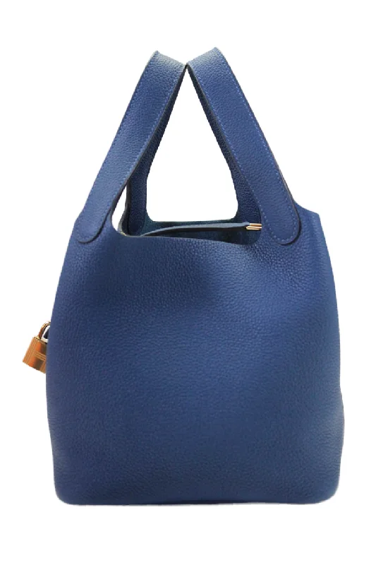 Shoulder bags with floral prints for spring -Hermes Womens Taurillon Maurice Picotin Lock 18 PM Deep Blue Leather Handbag