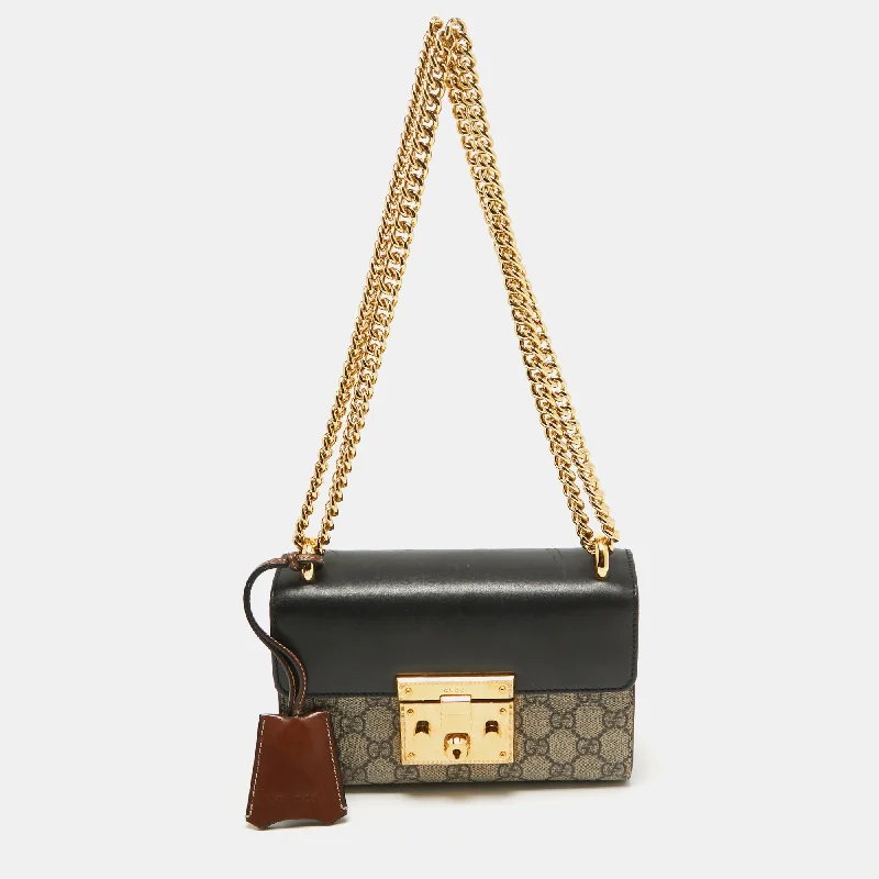 Shoulder bags with eco-friendly bamboo accents -Gucci Black/beige Gg Supreme Canvas And Leather Small Padlock Shoulder Bag