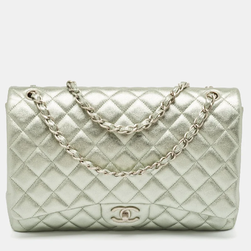 Shoulder bags with vintage vibes for nostalgia -Chanel Metallic Mint Green Quilted Leather Maxi Classic Double Flap Bag