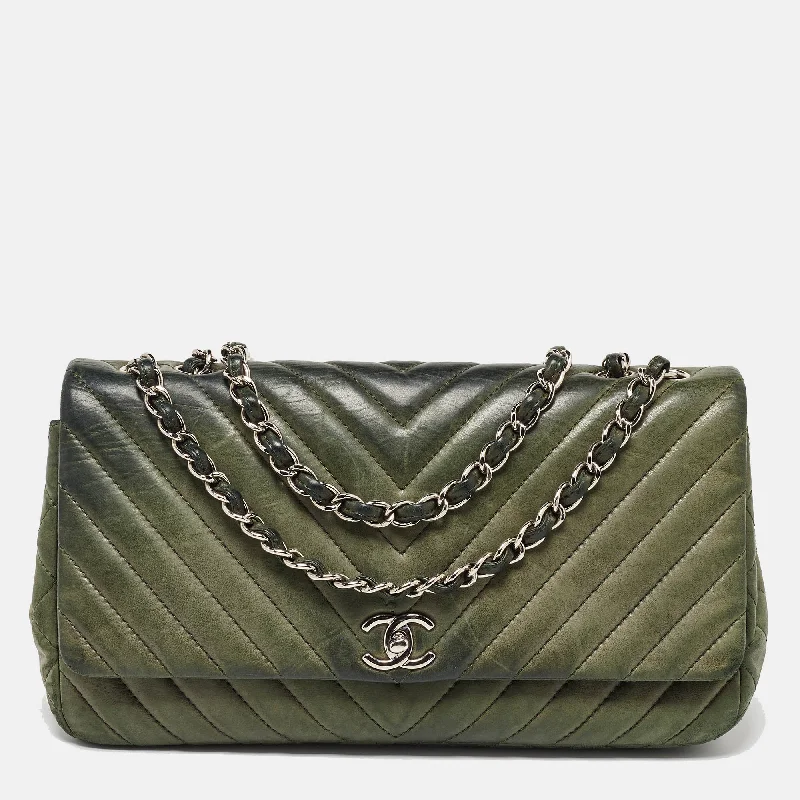 Shoulder bags with multi-color weaves for vibrancy -Chanel Green Leather Surpique Chevron Large Flap Bag