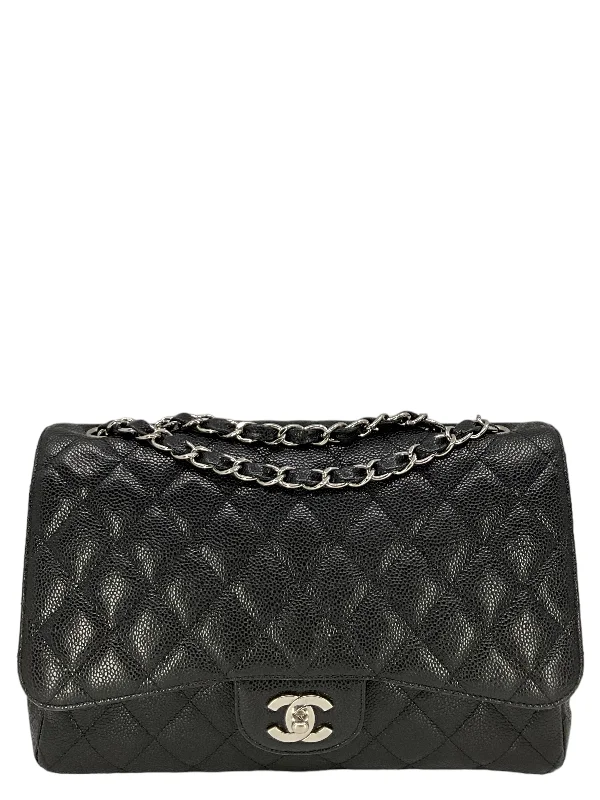 CHANEL Classic Double Chain Flap Bag In Black Caviar Leather