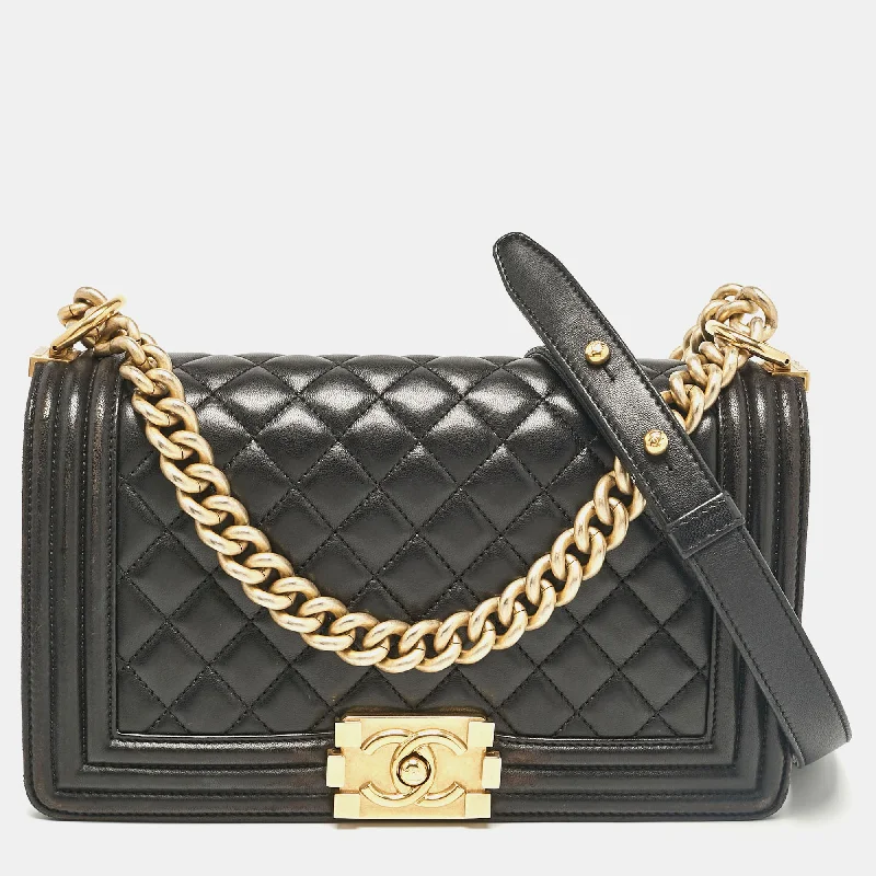 Shoulder bags with tropical leaves for summer -Chanel Black Quilted Leather Medium Boy Flap Bag