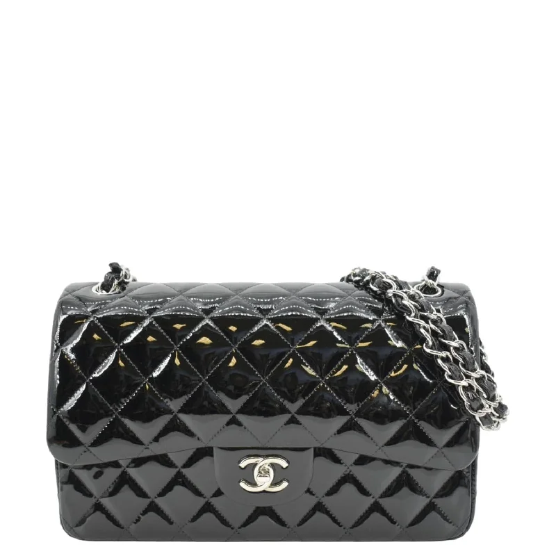 CHANEL Classic Medium Double Flap Patent Leather Shoulder Bag Black