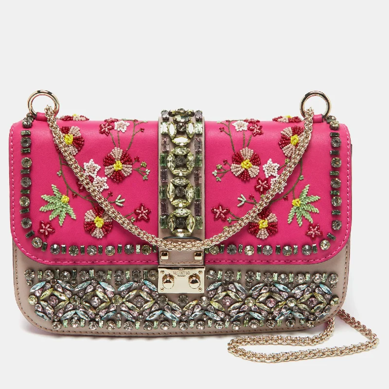 Shoulder bags with double straps for strength -Valentino Pink/beige Leather Medium Embellished Glam Lock Flap Bag