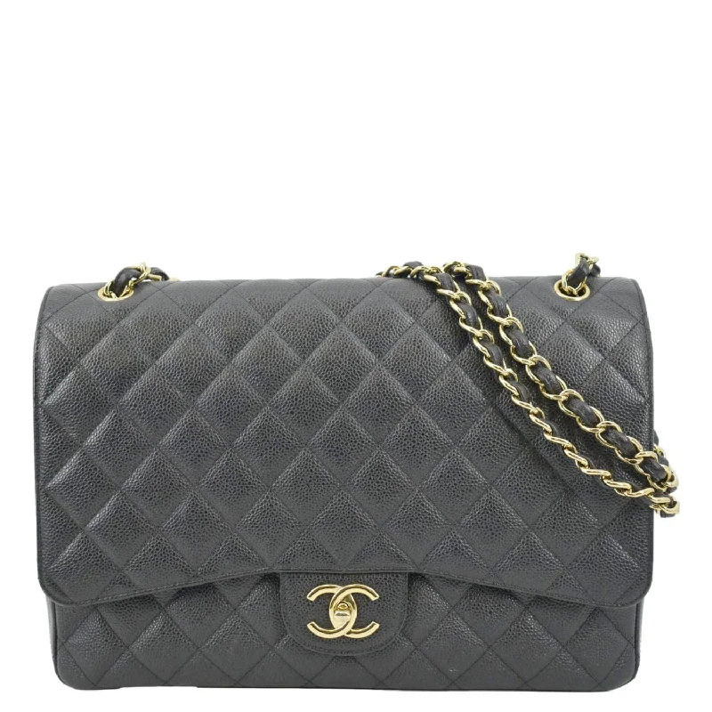 CHANEL Classic Maxi Flap Quilted Caviar Leather Shoulder Bag Black