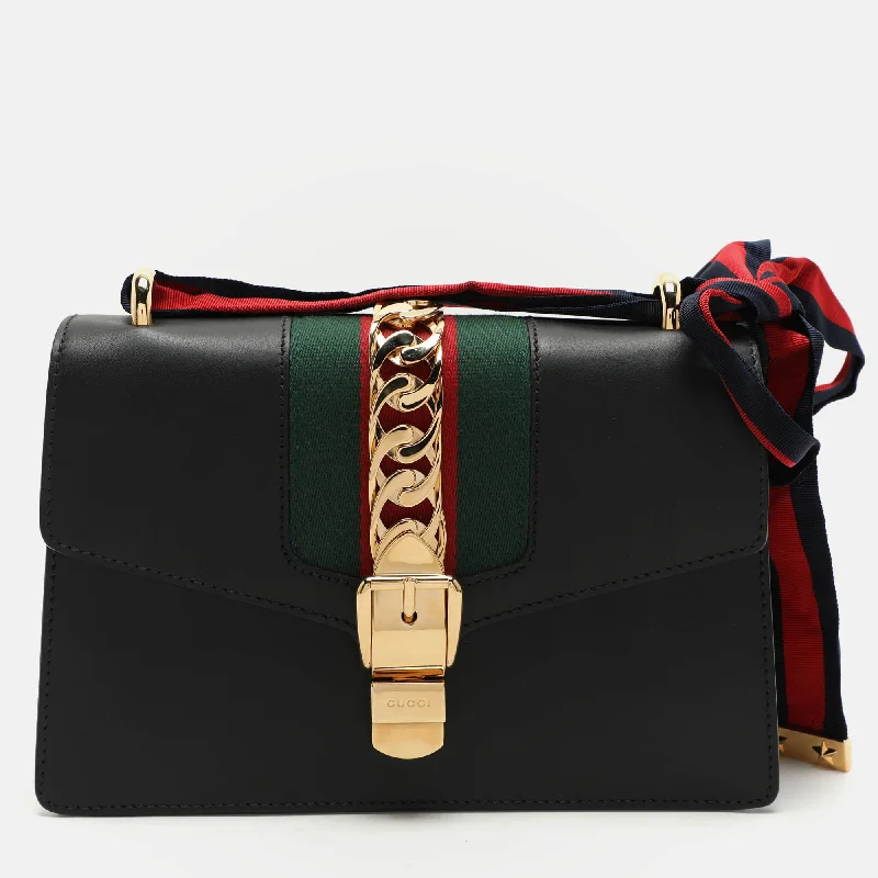 Shoulder bags with artistic prints for creativity -Gucci Black Leather Small Web Chain Sylvie Shoulder Bag