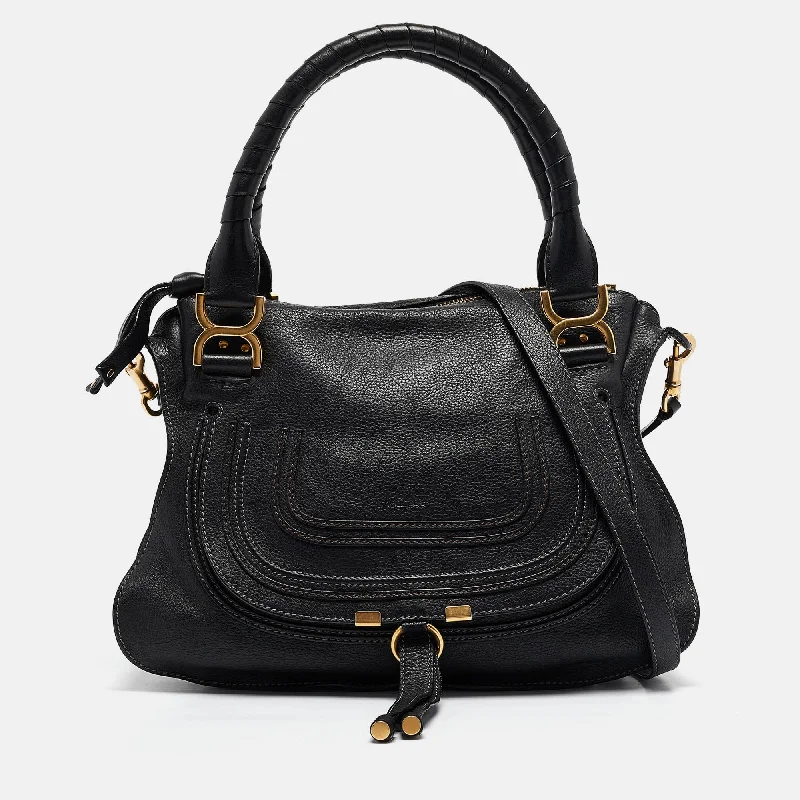 Shoulder bags with waterproof lining for protection -Chloe Black Leather Medium Marcie Shoulder Bag