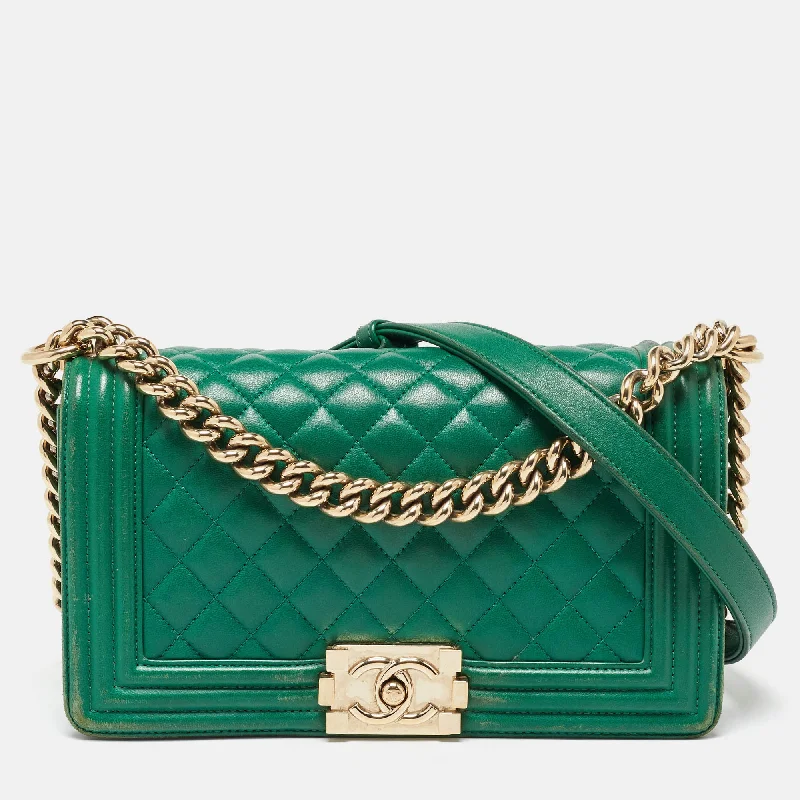 Shoulder bags with double straps for strength -Chanel Green Quilted Leather Medium Boy Flap Bag